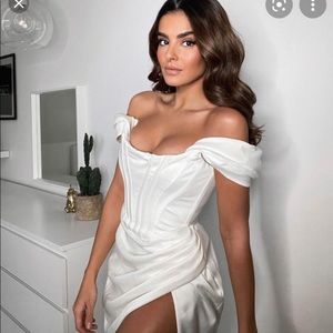 House of CB Ivory Off-Shoulder Corset Midi Dress